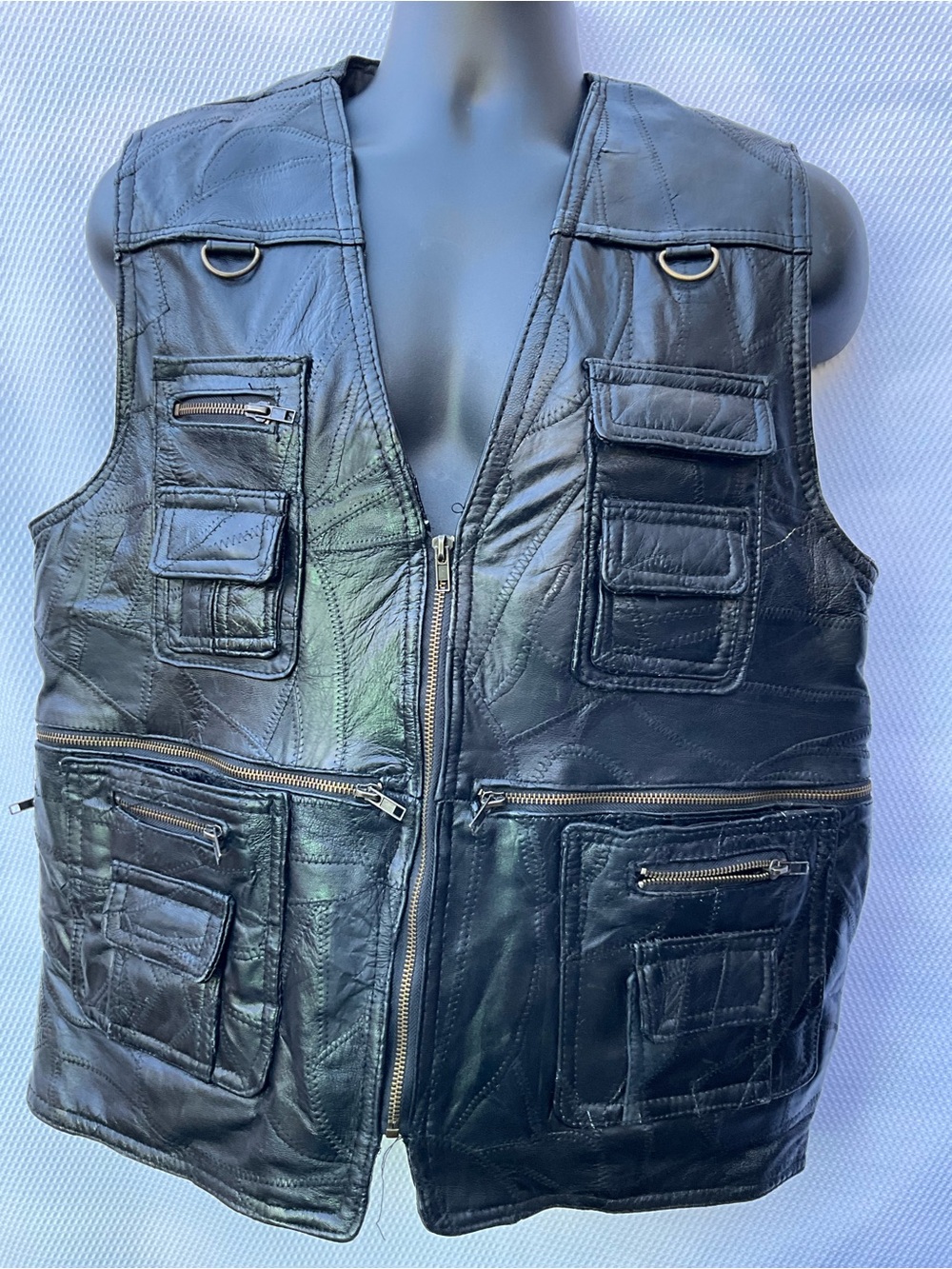 Italian Stone Design Navarre Black Patchwork Genuine Leather Utility Vest XL